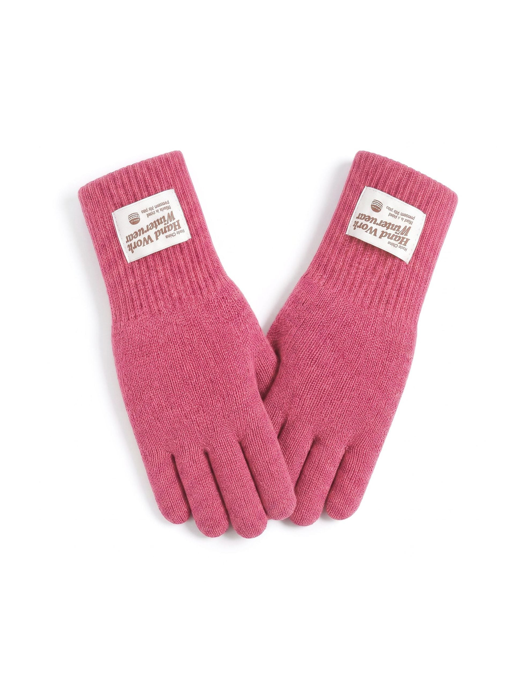 Pink knit gloves with extended ribbed cuffs, front view