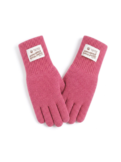 Pink knit gloves with extended ribbed cuffs, front view