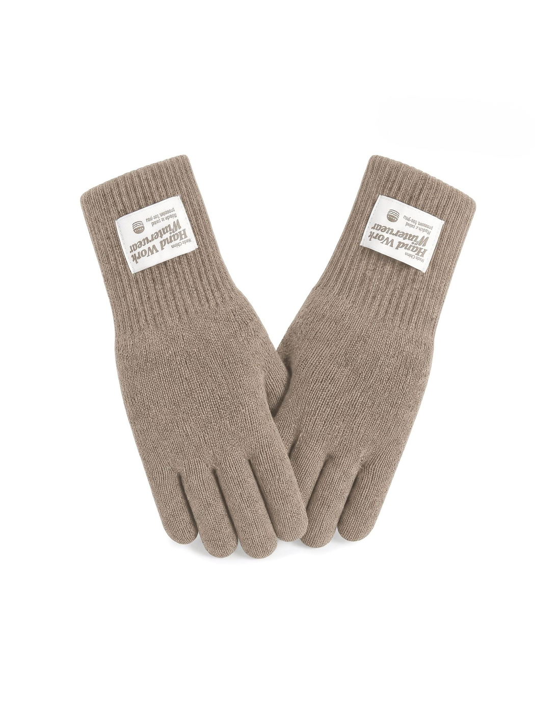 Beige knit gloves with extended ribbed cuffs, front view