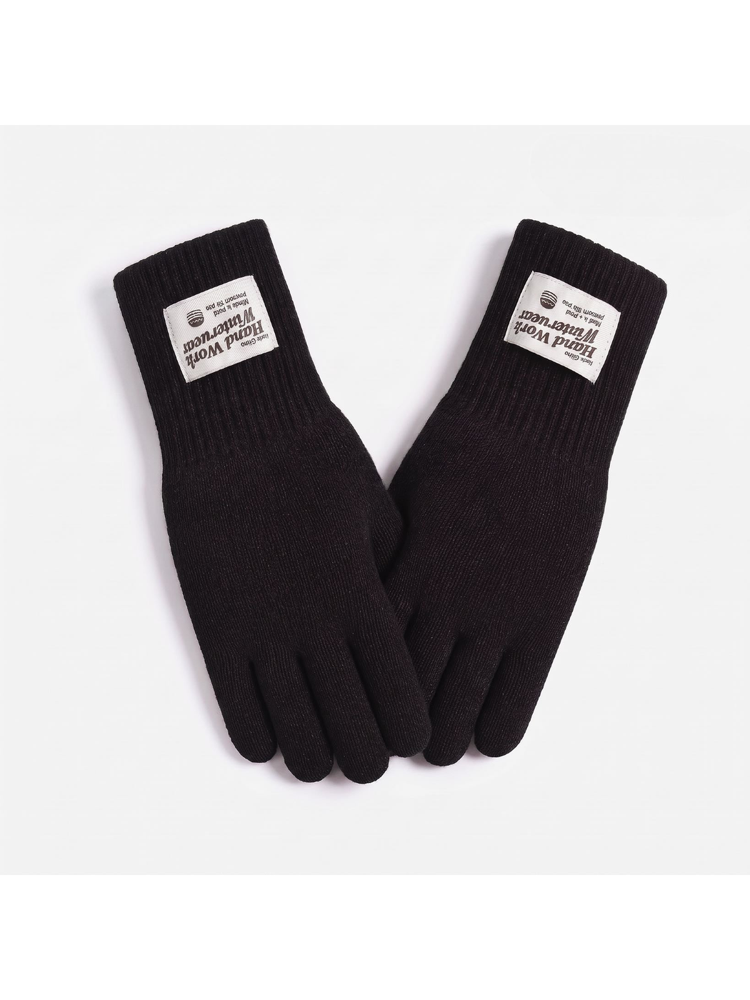 Black knit gloves with extended ribbed cuffs, front view