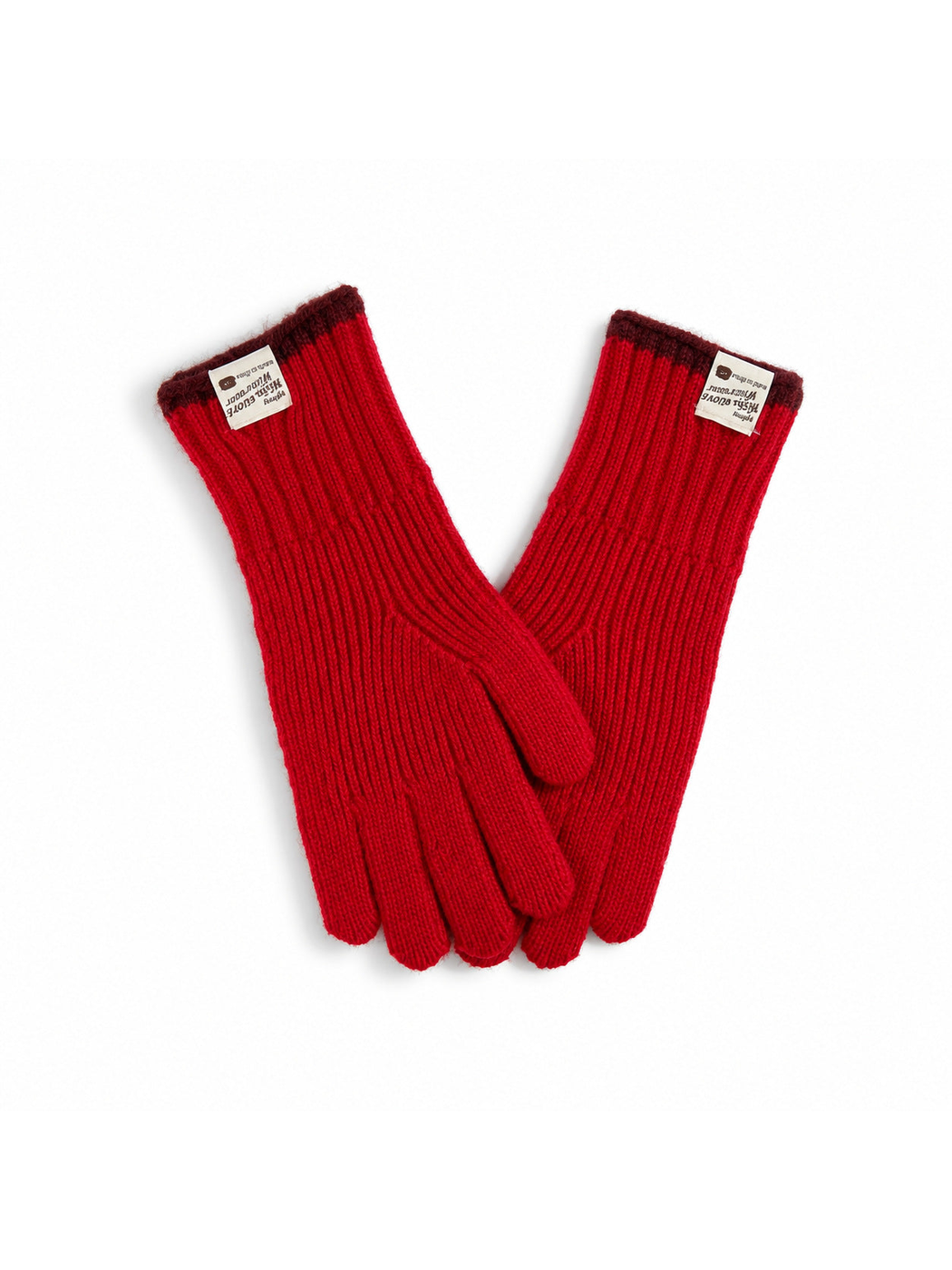 Red ribbed gloves with dark red cuff trim, front view