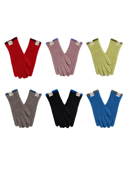 Red, dusty pink, green, greige, black and blue ribbed gloves displayed together