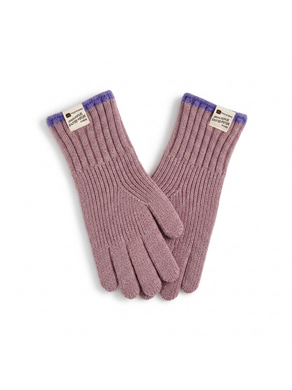 Dusty Pink ribbed gloves with purple cuff trim, front view