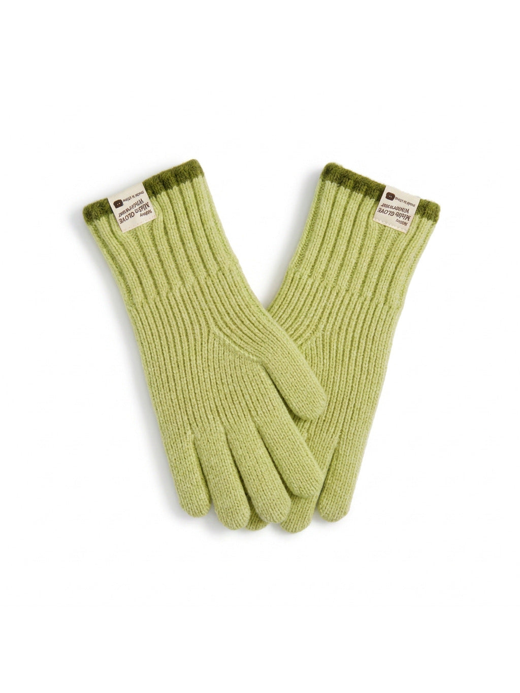 Green ribbed gloves with dark green cuff trim, front view