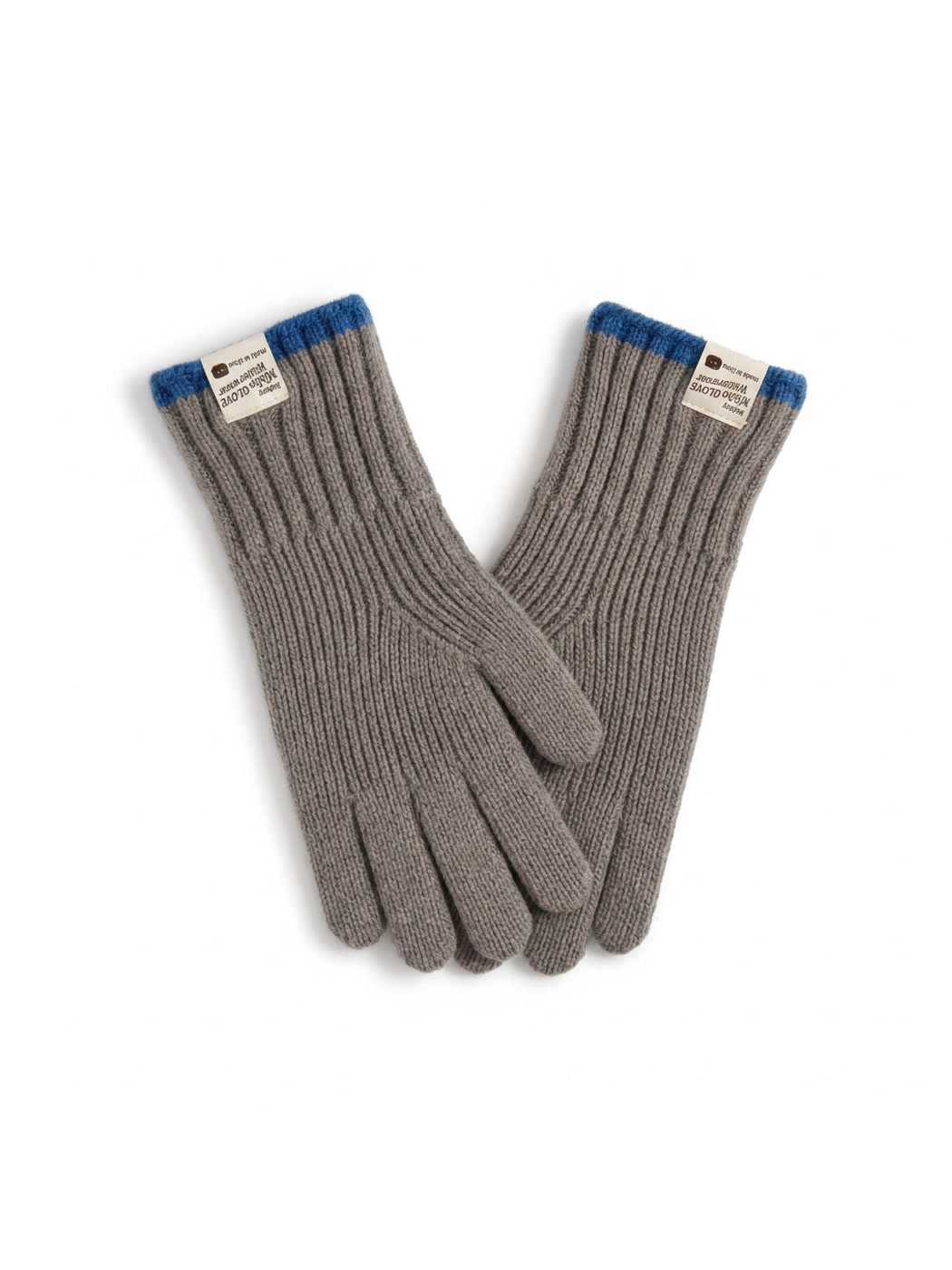 Greige ribbed gloves with blue cuff trim, front view