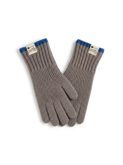 Greige ribbed gloves with blue cuff trim, front view
