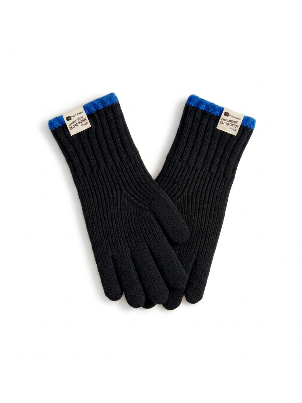 Black ribbed gloves with blue cuff trim, front view