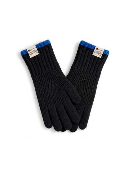 Black ribbed gloves with blue cuff trim, front view