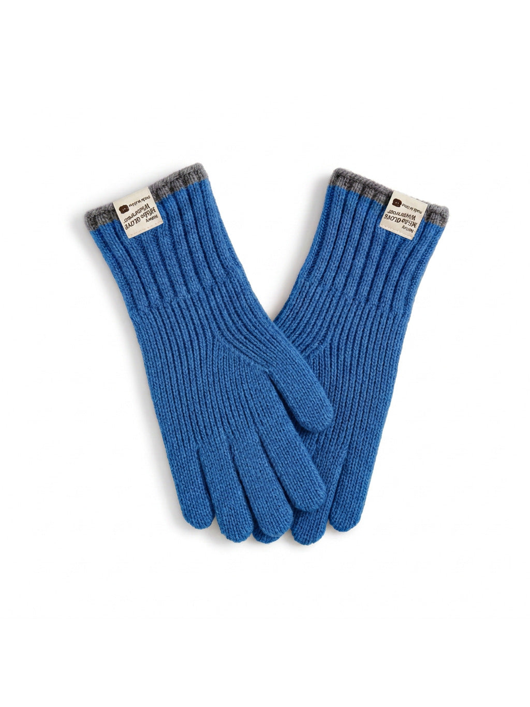 Blue ribbed gloves with gray cuff trim, front view