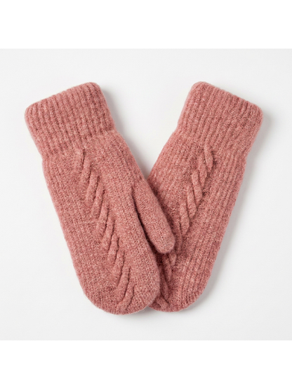 Dusty Pink cable-knit mittens with ribbed cuffs, front view