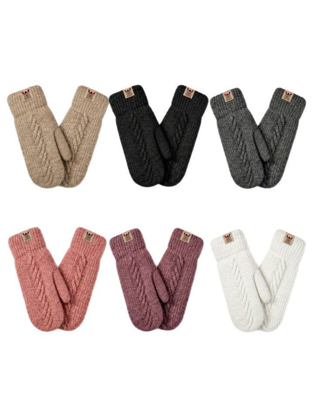 Six color variants of cable-knit mittens displayed together