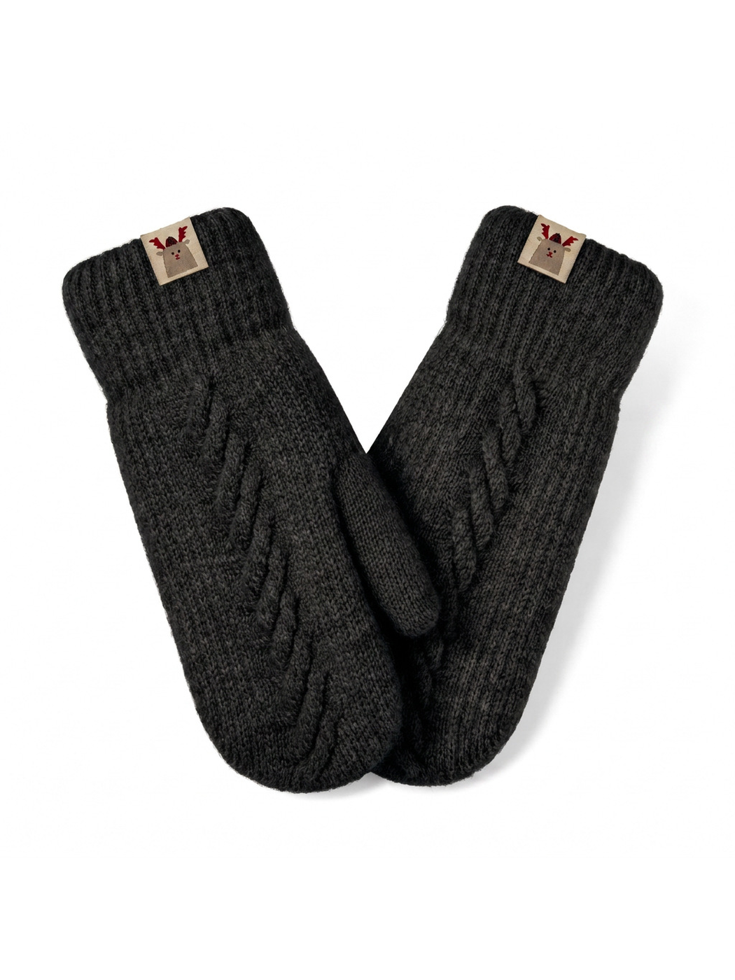 Black cable-knit mittens with ribbed cuffs, front view