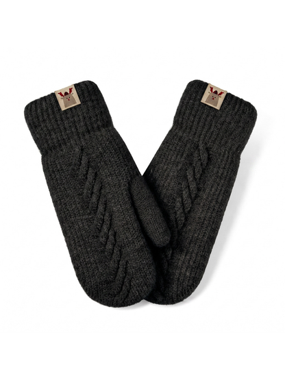 Black cable-knit mittens with ribbed cuffs, front view