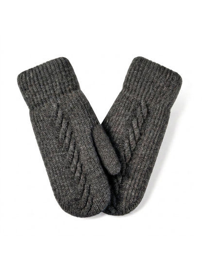 Dark Gray cable-knit mittens with ribbed cuffs, front view