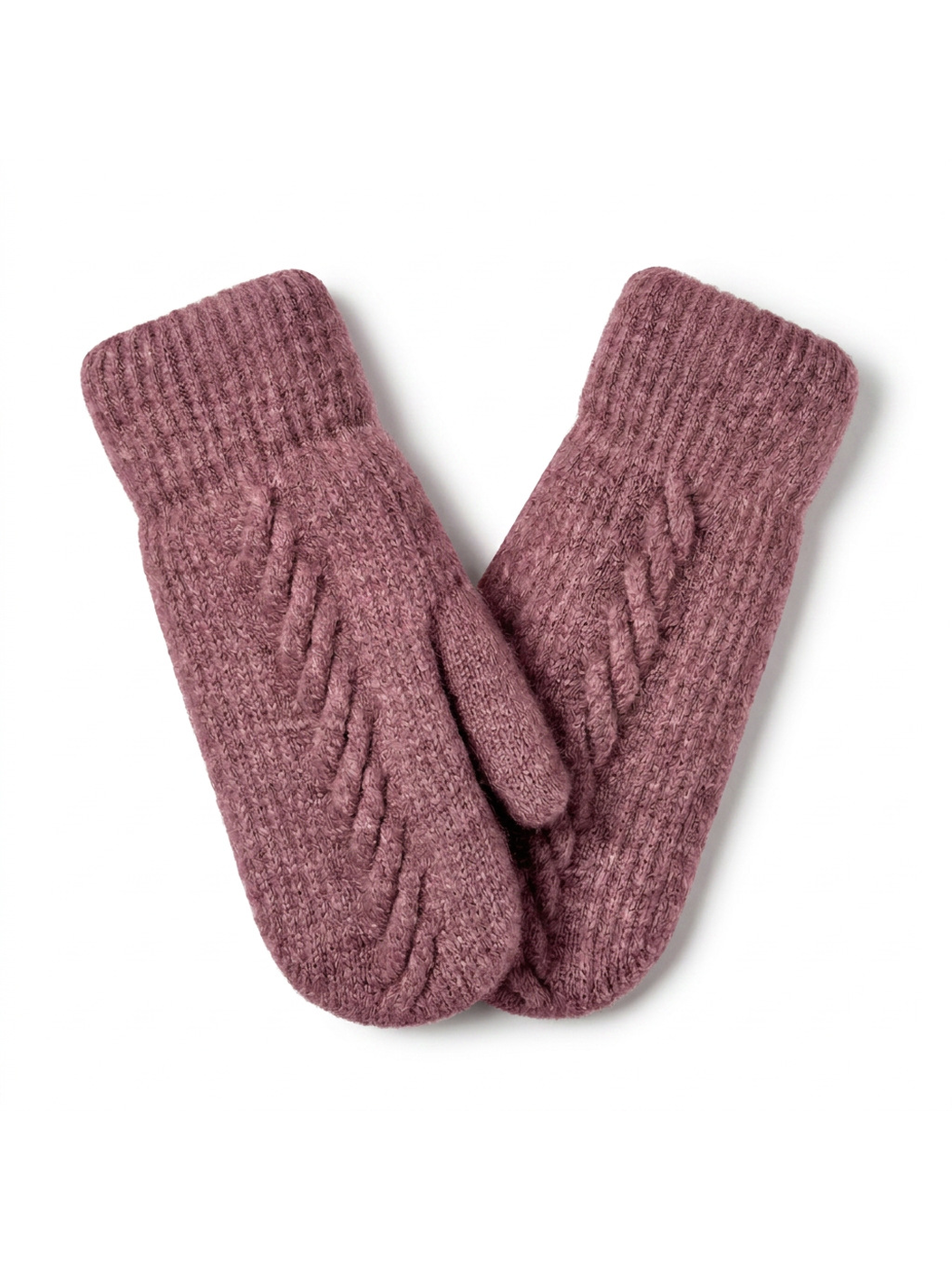 Heather Purple cable-knit mittens with ribbed cuffs, front view