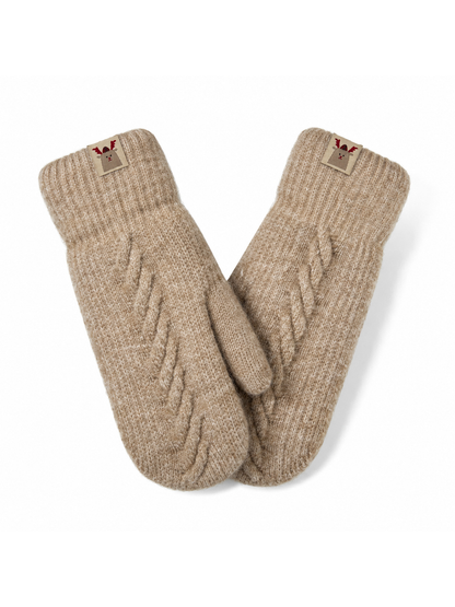 Khaki cable-knit mittens with ribbed cuffs, front view