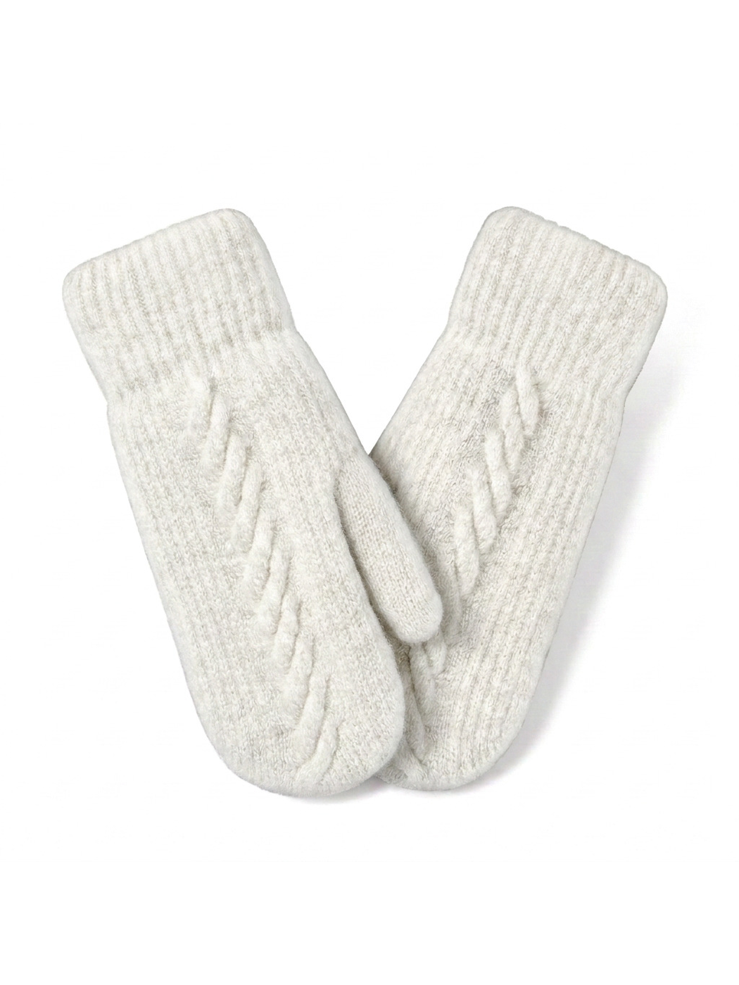White cable-knit mittens with ribbed cuffs, front view