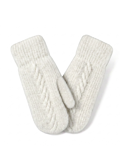 White cable-knit mittens with ribbed cuffs, front view