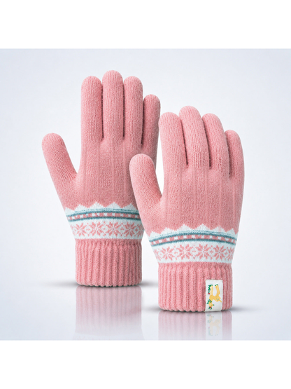 Pink knit gloves with white and gray geometric wrist bands