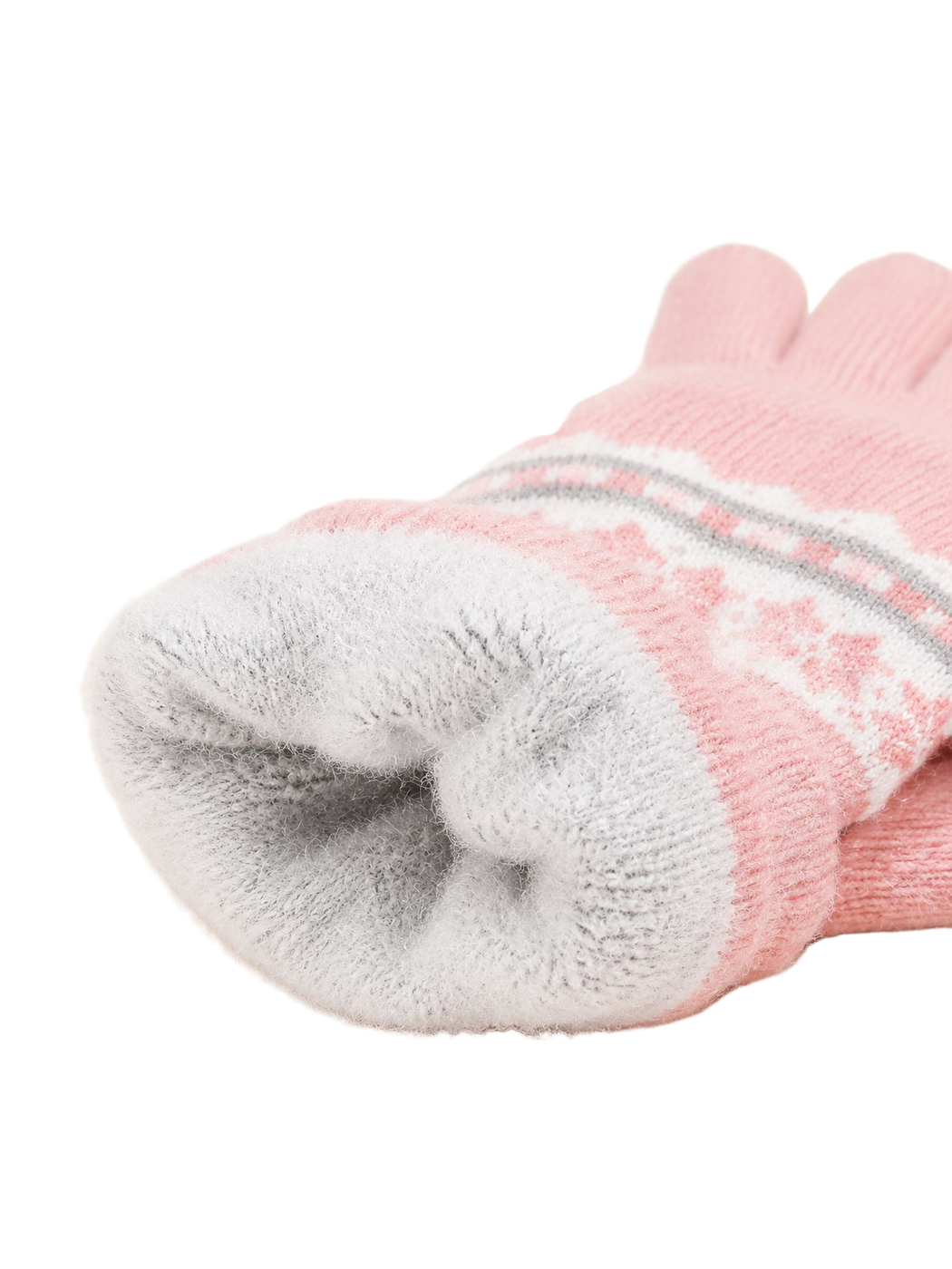 Close-up of the pink glove interior and patterned cuff