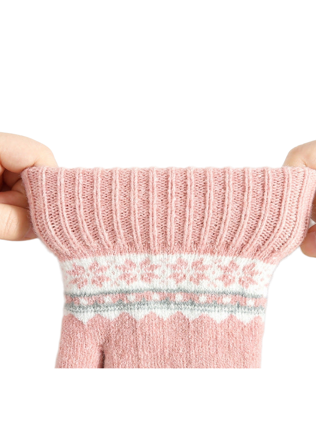 Close-up of the pink glove's ribbed cuff being stretched