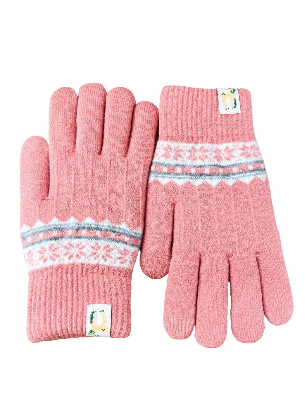 Pink knit gloves with contrasting geometric wrist bands, palm and back views