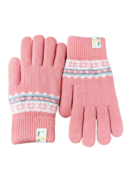 Pink knit gloves with contrasting geometric wrist bands, palm and back views