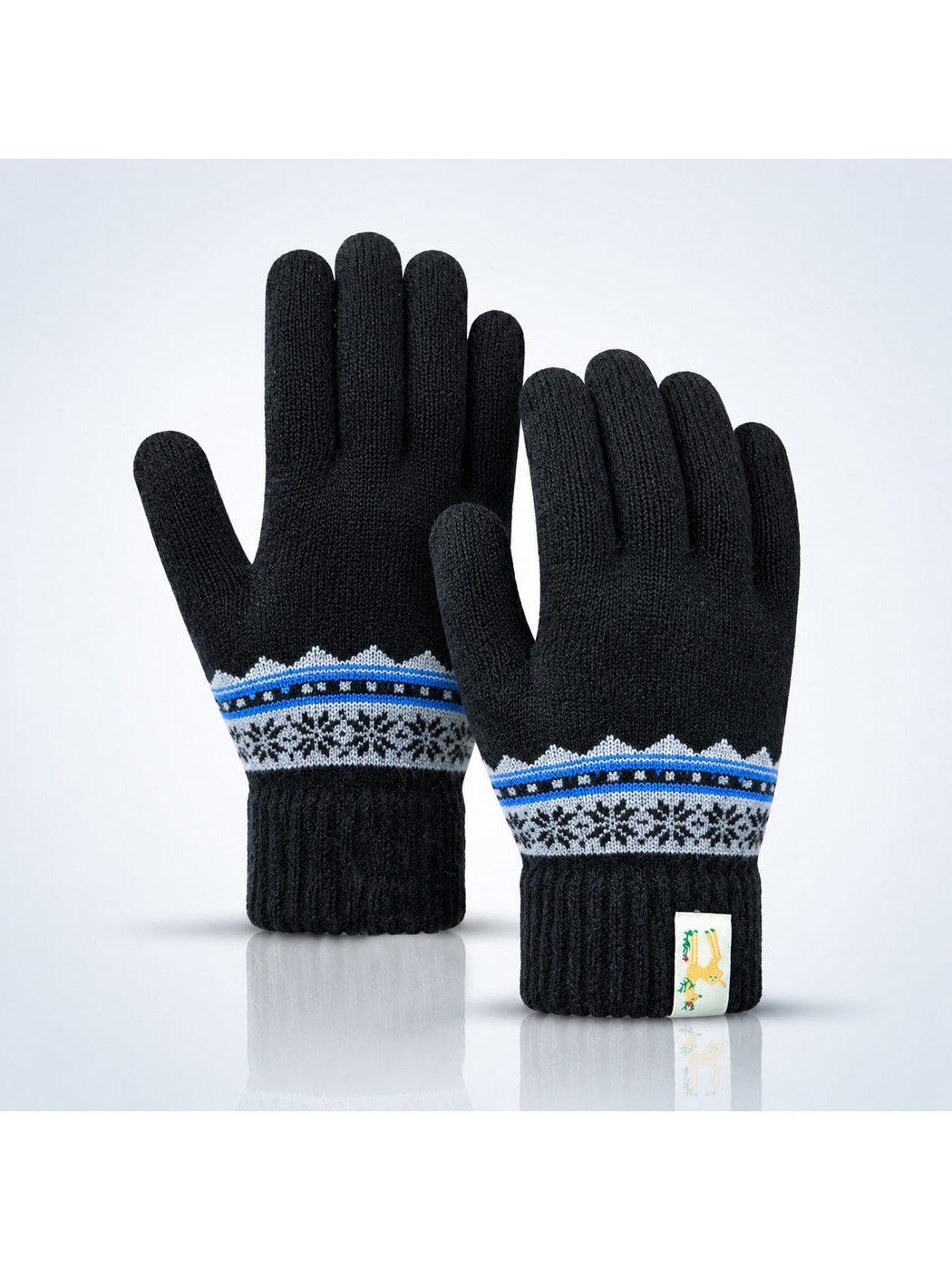 Black knit gloves with blue and gray geometric wrist bands