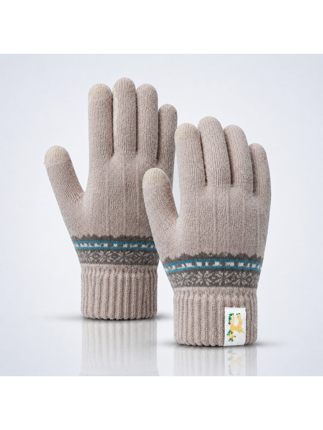 Beige knit gloves with gray and blue geometric wrist bands
