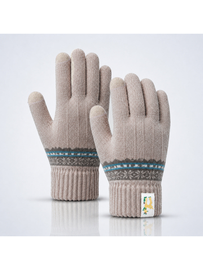 Beige knit gloves with gray and blue geometric wrist bands