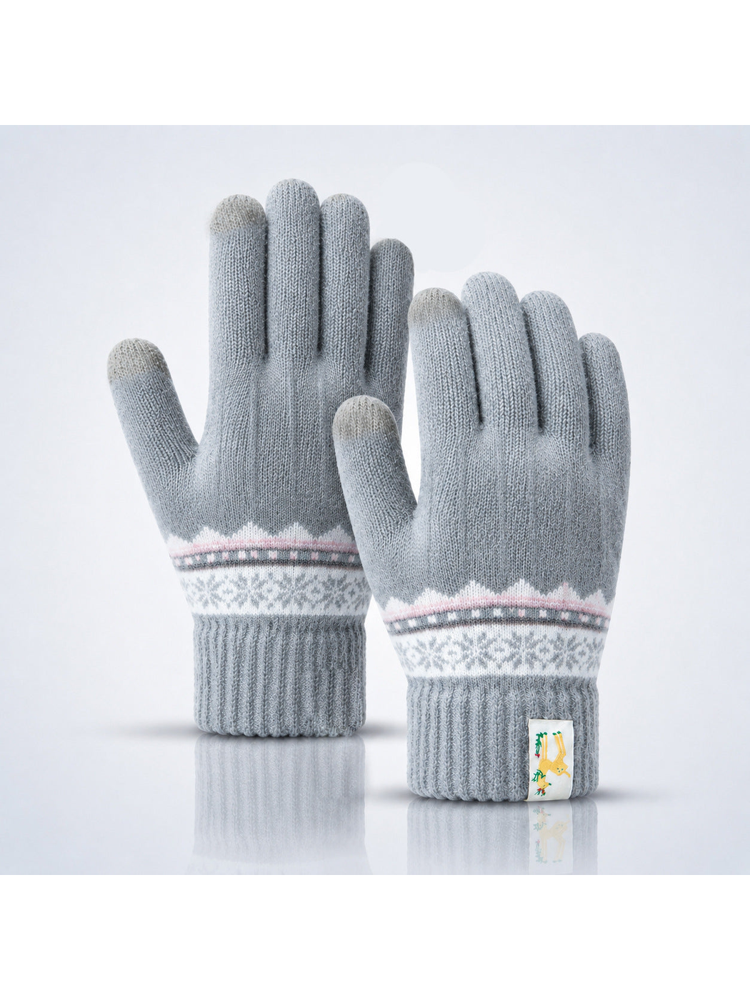 Light Gray knit gloves with white and pink geometric wrist bands