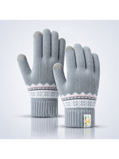 Light Gray knit gloves with white and pink geometric wrist bands