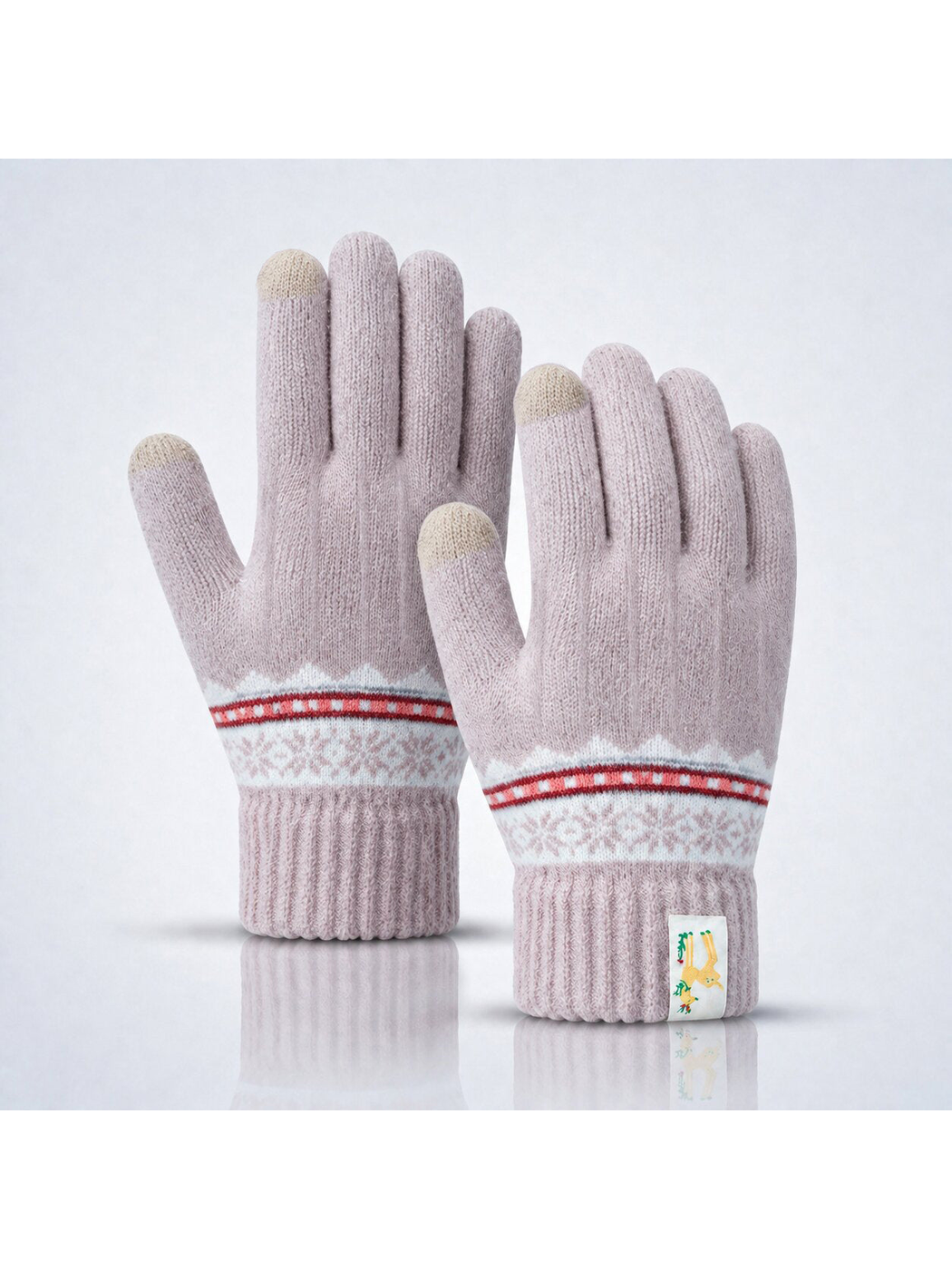 Light Purple knit gloves with white and red geometric wrist bands