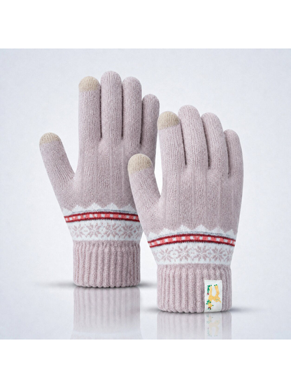 Light Purple knit gloves with white and red geometric wrist bands