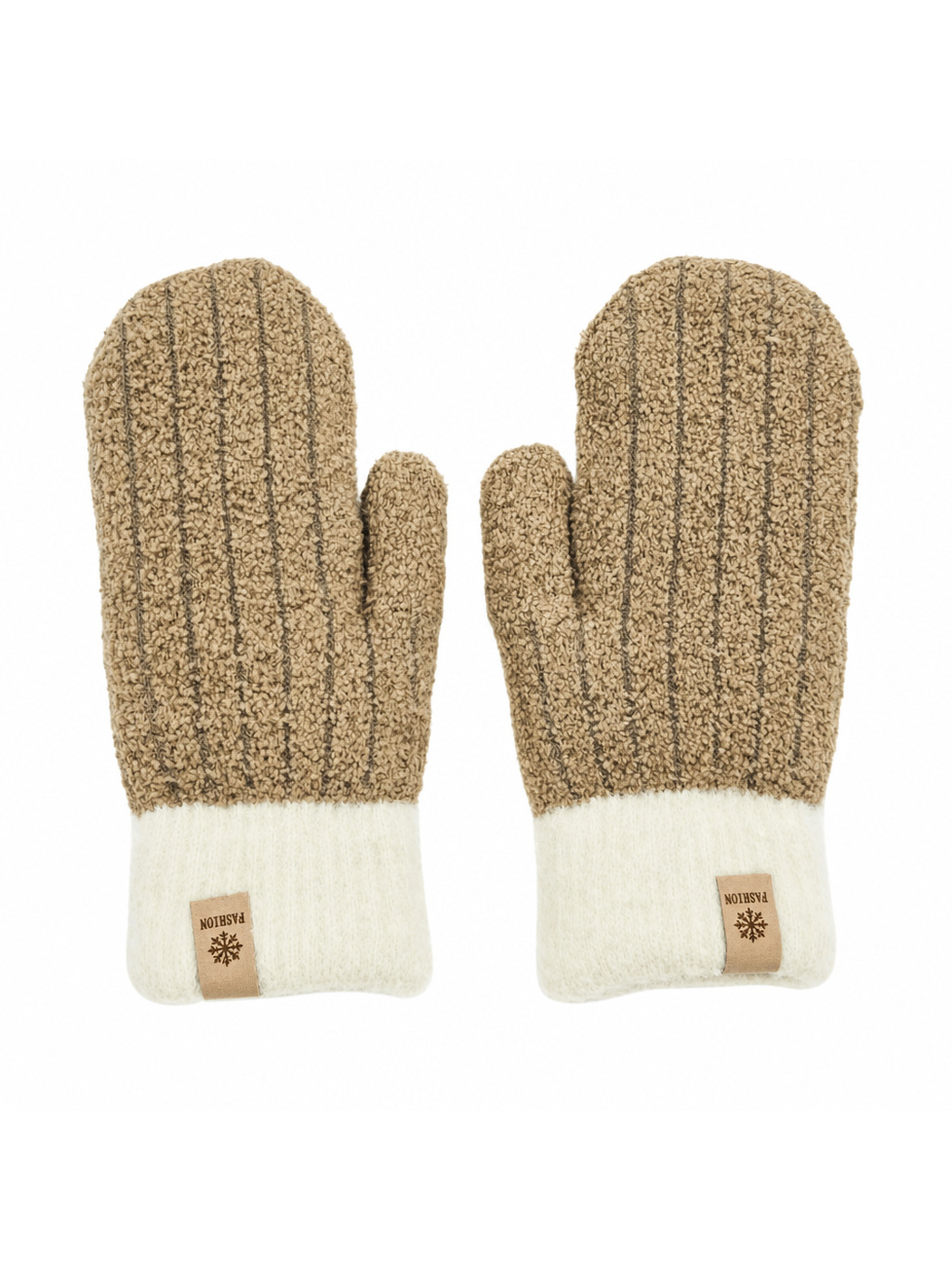 Brown fuzzy mittens with contrasting cream cuffs, front view