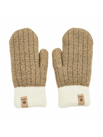 Brown fuzzy mittens with contrasting cream cuffs, front view