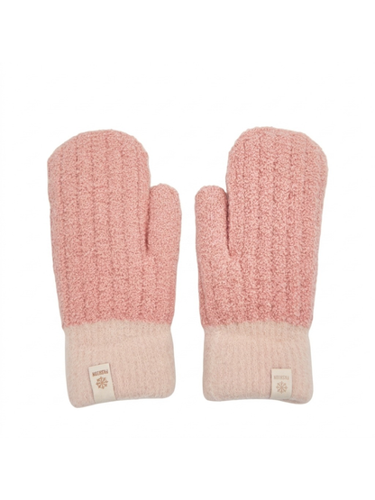 Pink fuzzy mittens with pale pink cuffs, front view