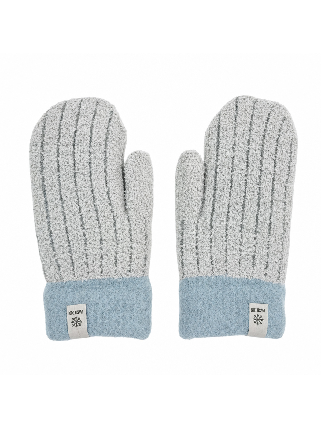 Light Gray fuzzy mittens with blue cuffs and vertical ribbing, front view