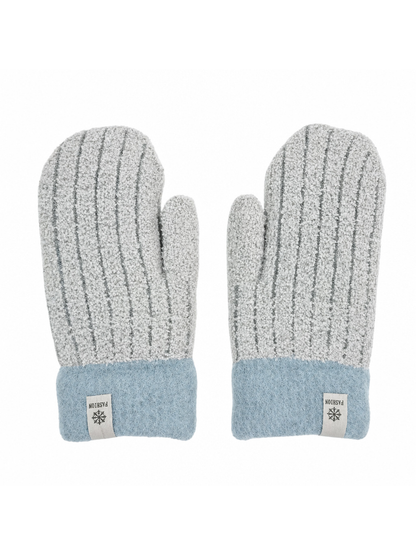 Light Gray fuzzy mittens with blue cuffs and vertical ribbing, front view