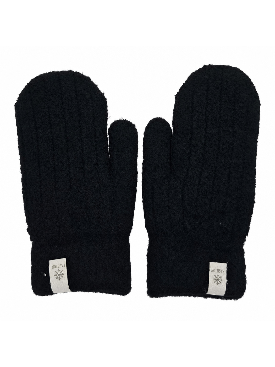 Black fuzzy mittens with matching cuffs, front view