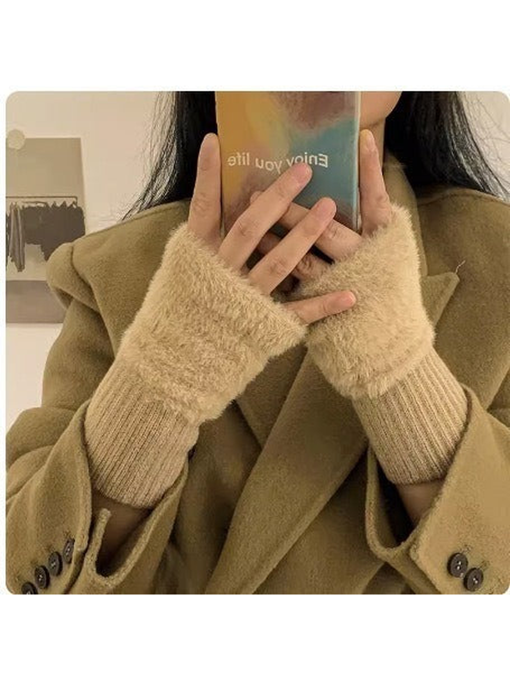 Khaki fuzzy fingerless gloves with extended ribbed cuffs