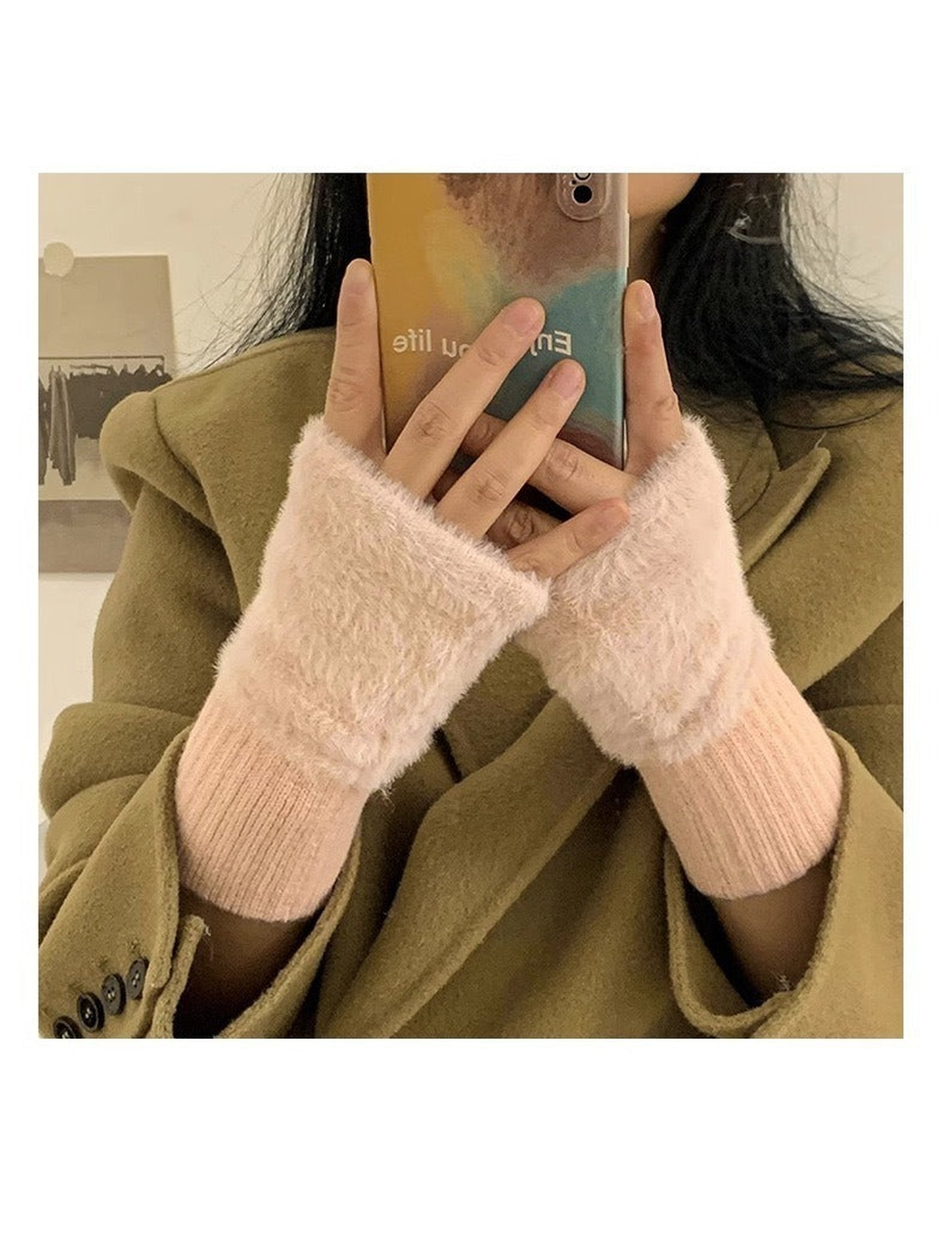 Pink fuzzy fingerless gloves with extended ribbed cuffs