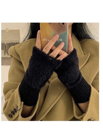 Black fuzzy fingerless gloves with extended ribbed cuffs