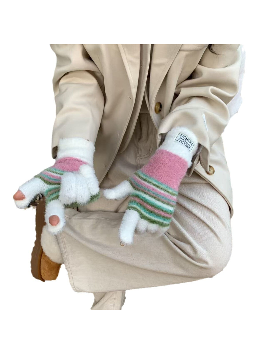 White and pink fuzzy fingerless gloves with multicolor stripes