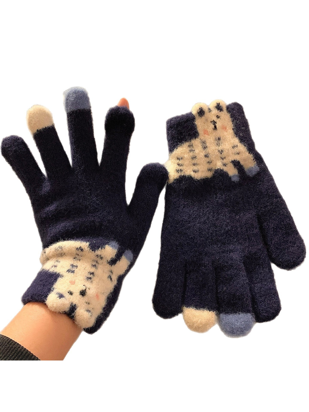 Navy fuzzy gloves with a spotted long-eared character appliqué on a white background