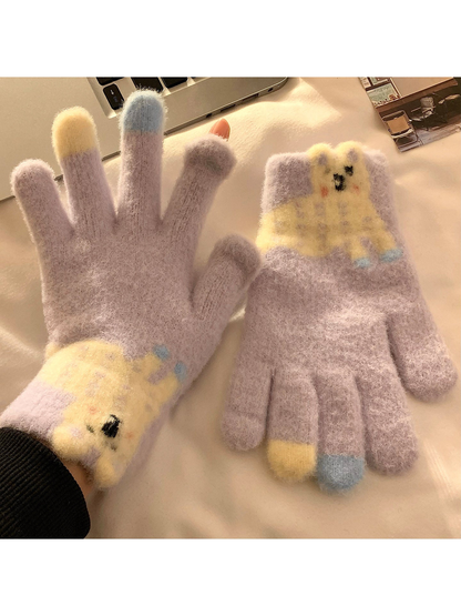 Light Purple fuzzy gloves with a cream long-eared character appliqué