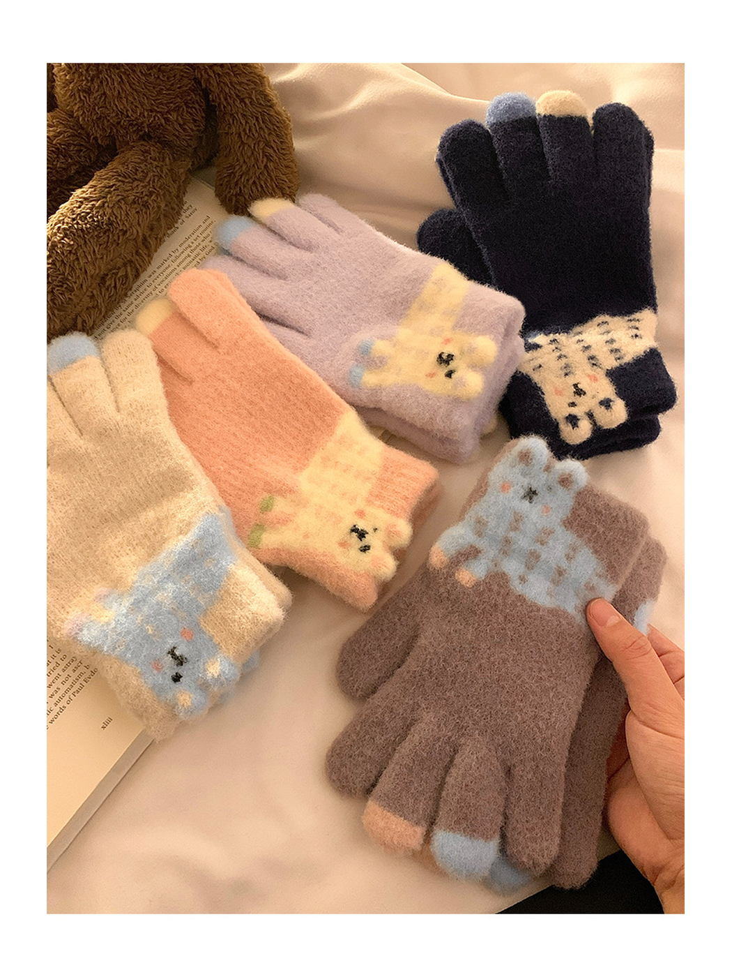 Beige, Pink, Navy, Greige and Light Purple fuzzy gloves arranged together