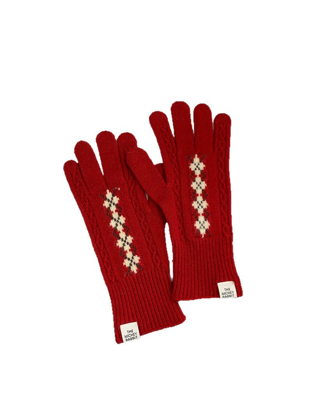 Red cable-textured gloves with a vertical diamond motif