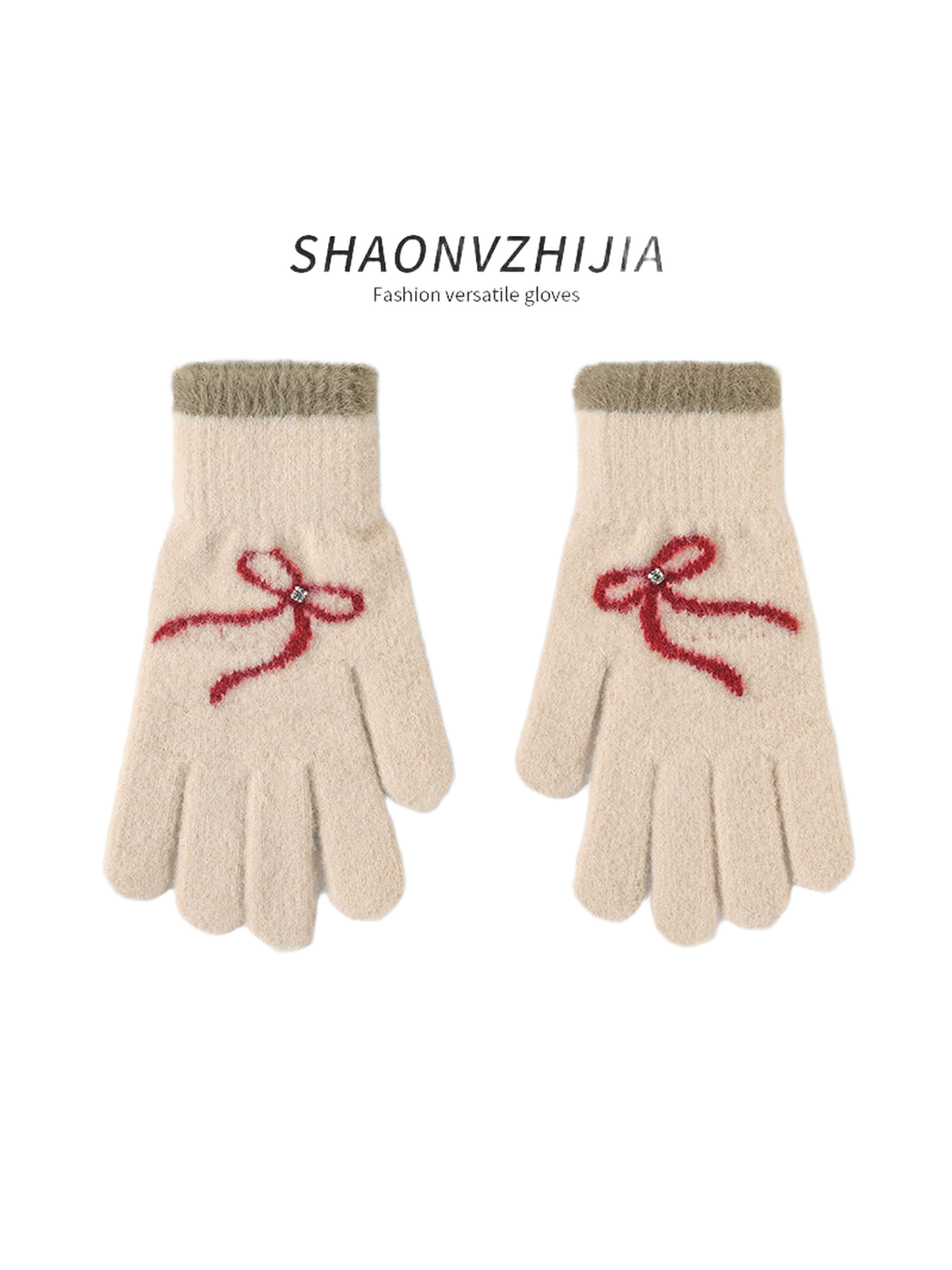 Beige gloves with red bow motifs and contrasting cuffs