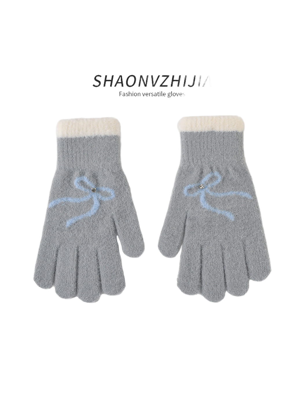 Gray gloves with light blue bow motifs and contrasting cuffs